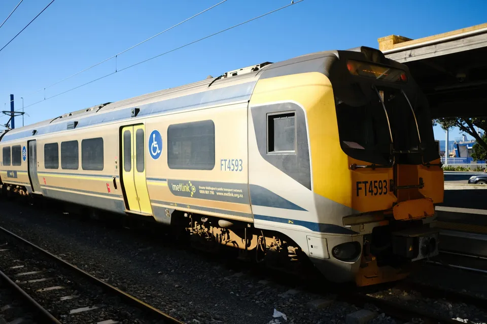 A Matangi train at Wellington Station on a beautiful day.