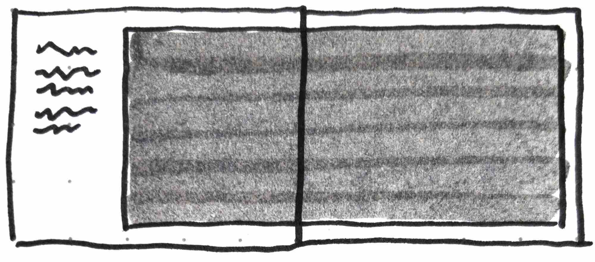   Fig. 5  - Sketch from my notes of a single panel layout with words on the far left in David Wiesner’s children’s book, June 29, 1999. 