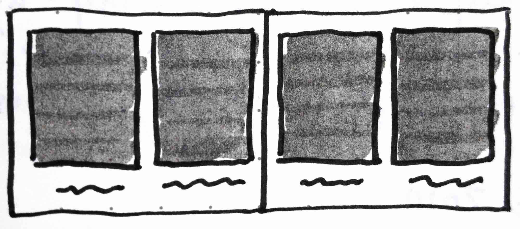   Fig. 6  - Sketch from my notes of a four panel layout with words under each panel in David Wiesner’s children’s book, June 29, 1999. 