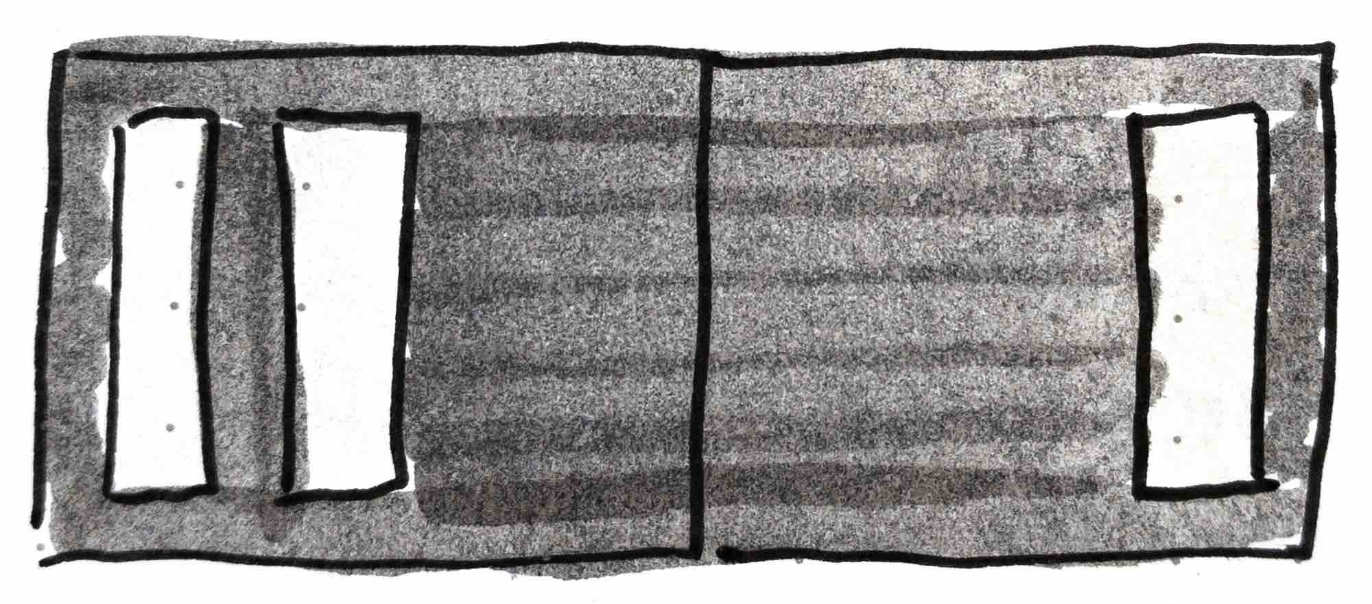   Fig. 3  - Sketch from my notes of a full-bleed layout of artwork with three inset panels in David Wiesner’s children’s book, Tuesday. 