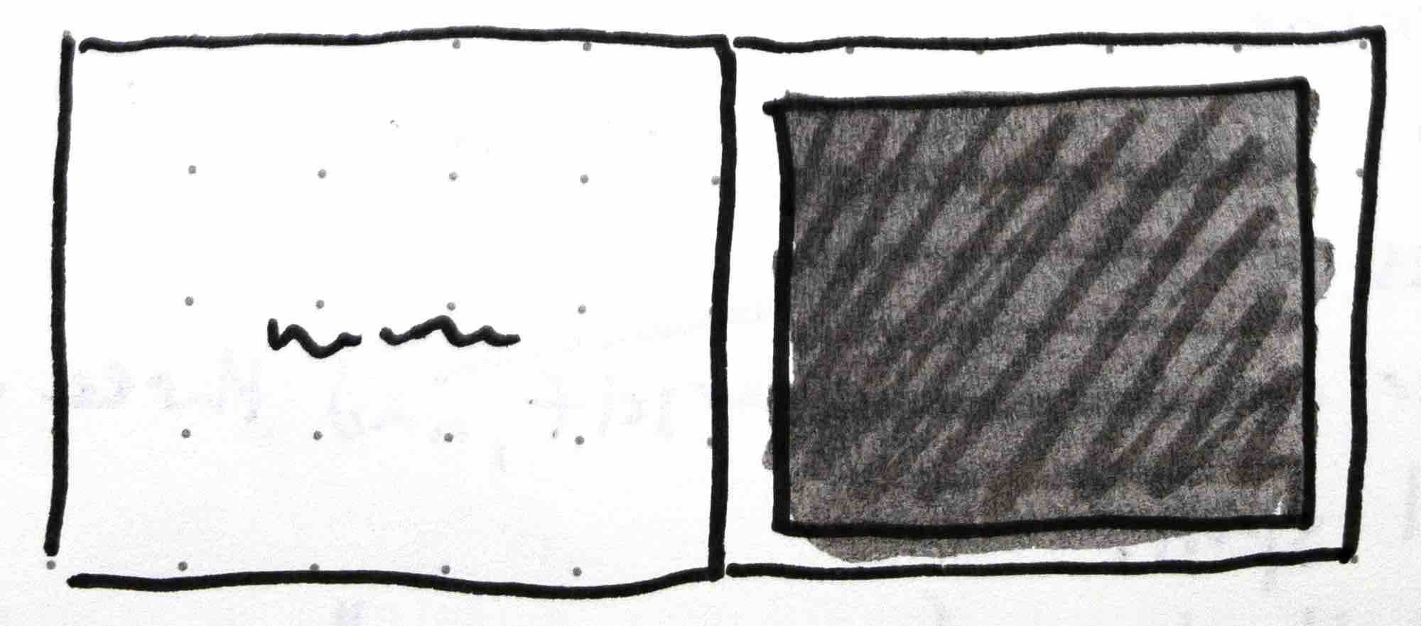   Fig. 4  - Sketch from my notes of a single page panel layout on the right page with words on the left page in David Wiesner’s children’s book, Tuesday. 