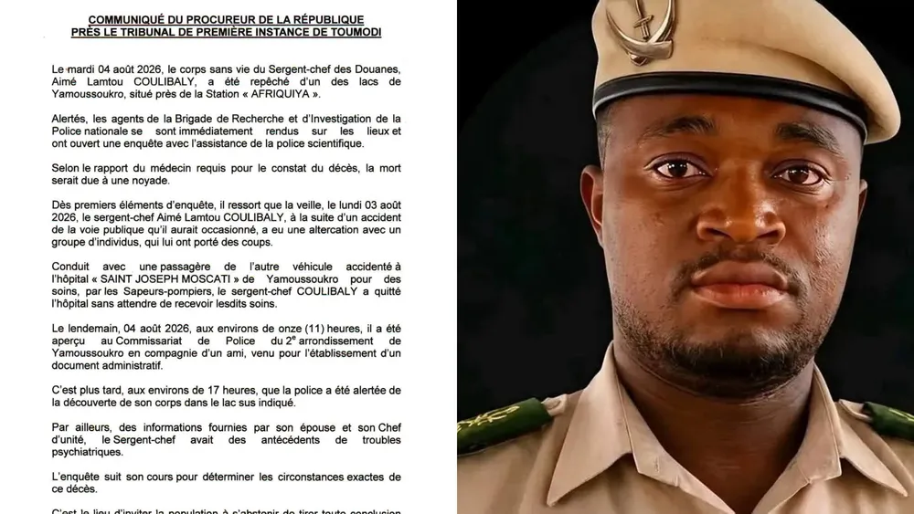 Le sergent-chef des Douanes Lamtou Coulibaly retrouvé mort dans un lac de Yamoussoukro : les précisions du procureur