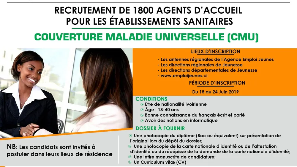 Couverture Maladie Universelle (CMU) Côte d’Ivoire: recrutement de 1800 agents d’accueil