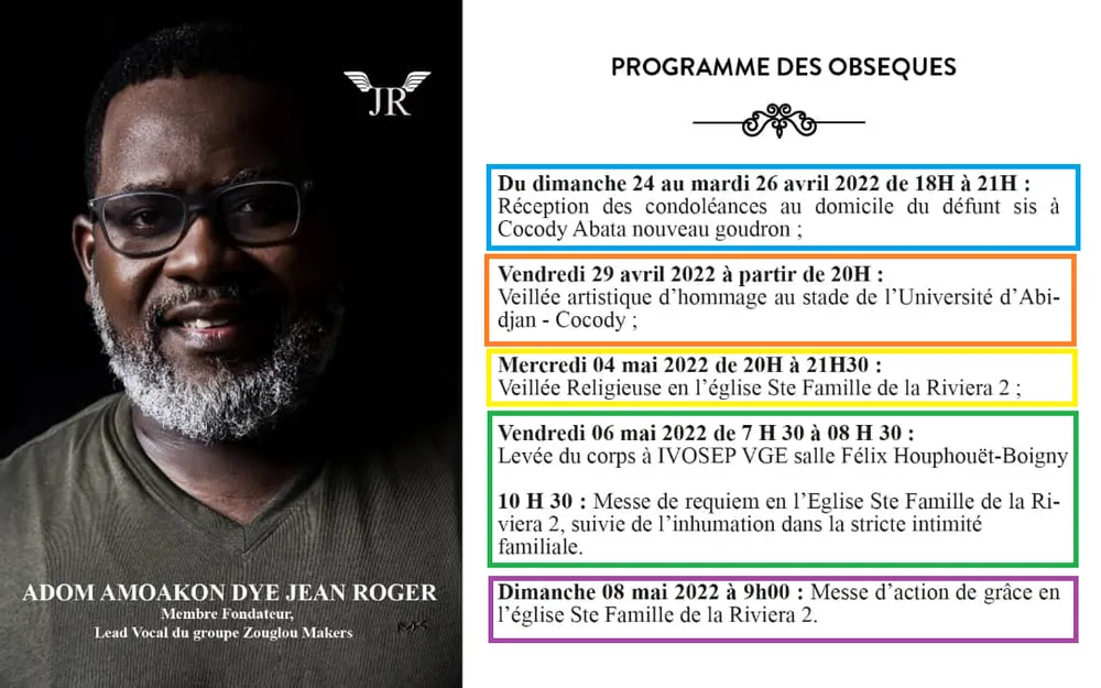Programme des obsèques de Jean Roger Adom de zouglou Makers