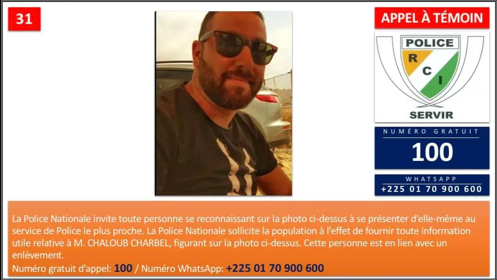 Enlèvement en Côte d’Ivoire: la police lance un appel à témoins contre Chaloub Charbel, les détails