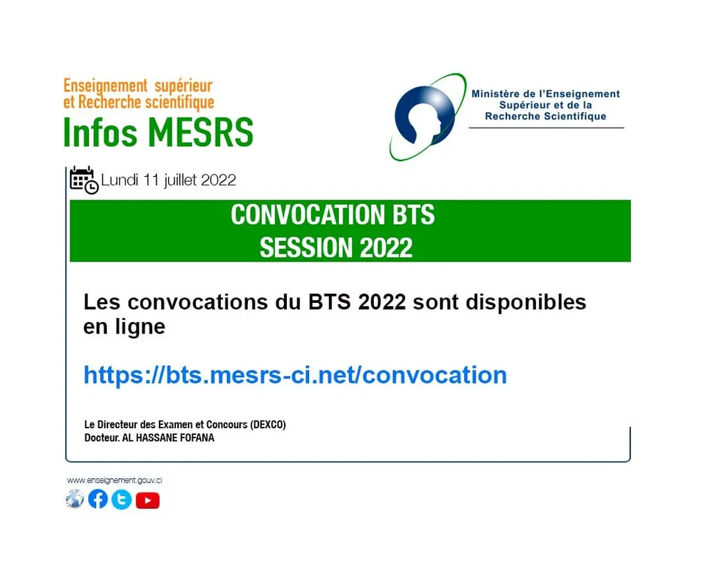 Convocations BTS 2022 en Côte d’Ivoire disponibles: cliquez sur bts.mesrs-ci.net/convocation pour retirer