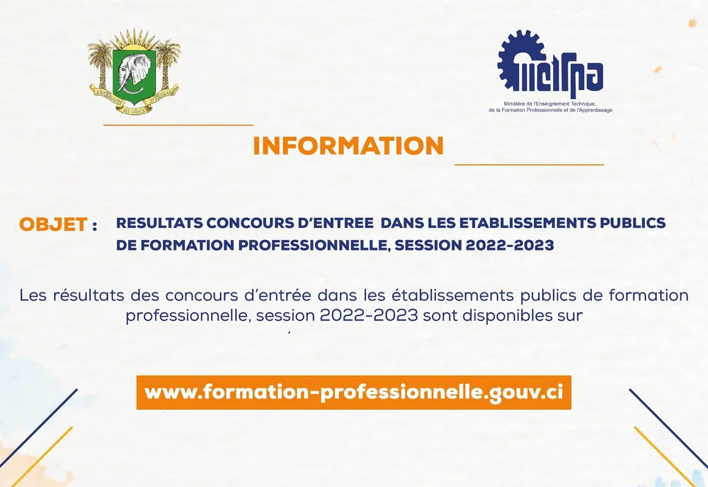 Résultats concours formation professionnelle 2022 CI disponibles ce 4 octobre : les admis
