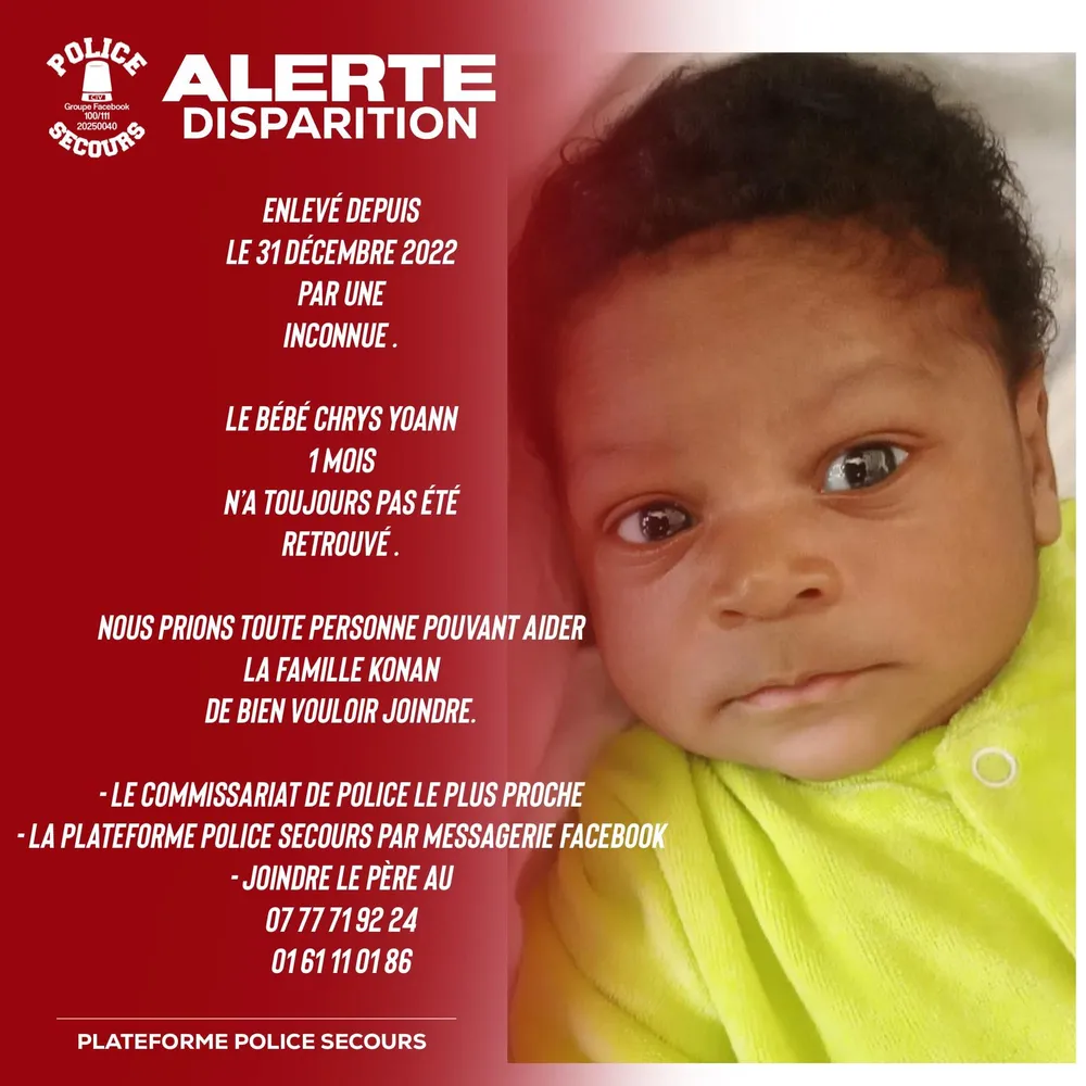 Urgent : enlevé à Bingerville depuis le 31 décembre 2022 le bébé Chrys Yoann toujours pas retrouvé