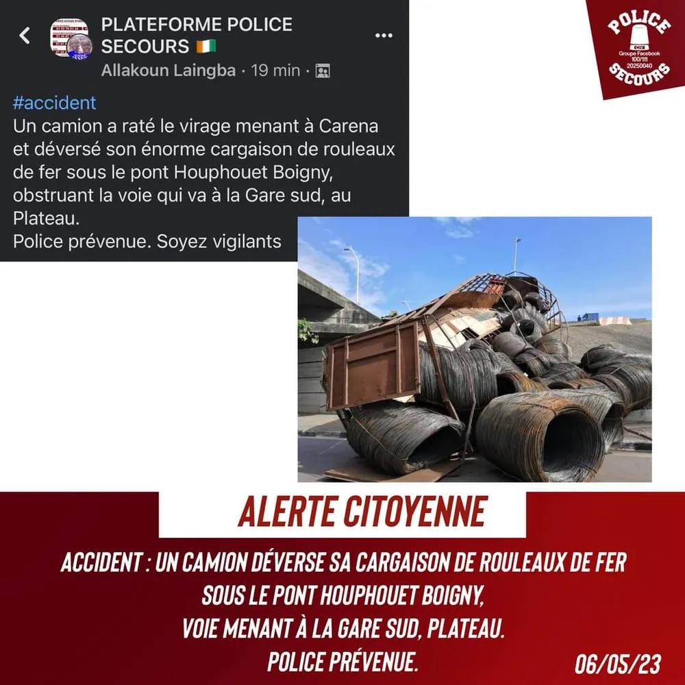 Un camion renverse sa cargaison de rouleaux de fer sous le pont Houphouet Boigny