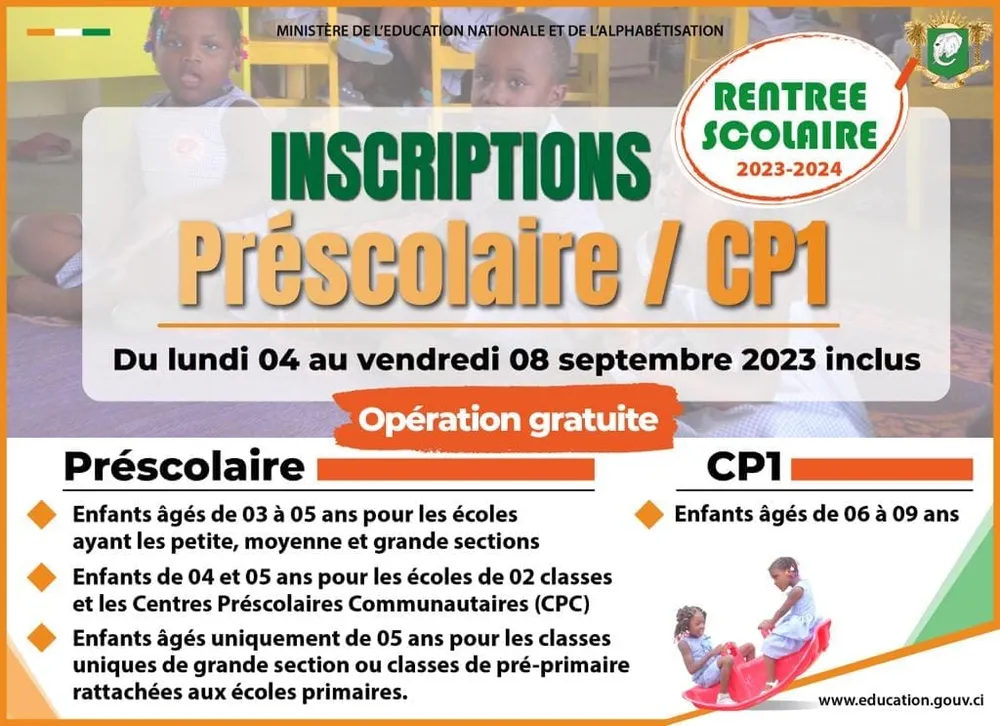 Côte d’Ivoire: début des inscriptions à la Maternelle et au CP1 ce lundi 4 septembre
