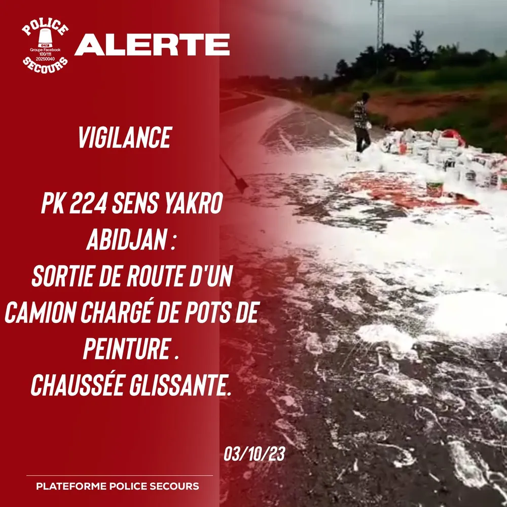 Accident sens Yamoussoukro – Abidjan : un camion chargé de pots de peinture se renverse sur la voie ce mardi