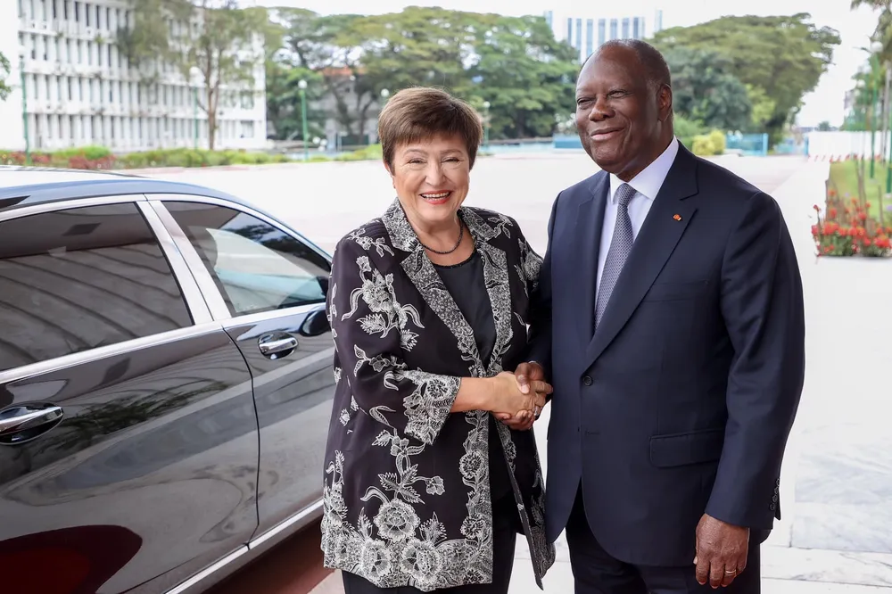 Kristalina Georgieva, la DG du FMI, chez le Président Alassane Ouattara lors de l'AG 2023 FMI et Banque Mondial à Abidjan