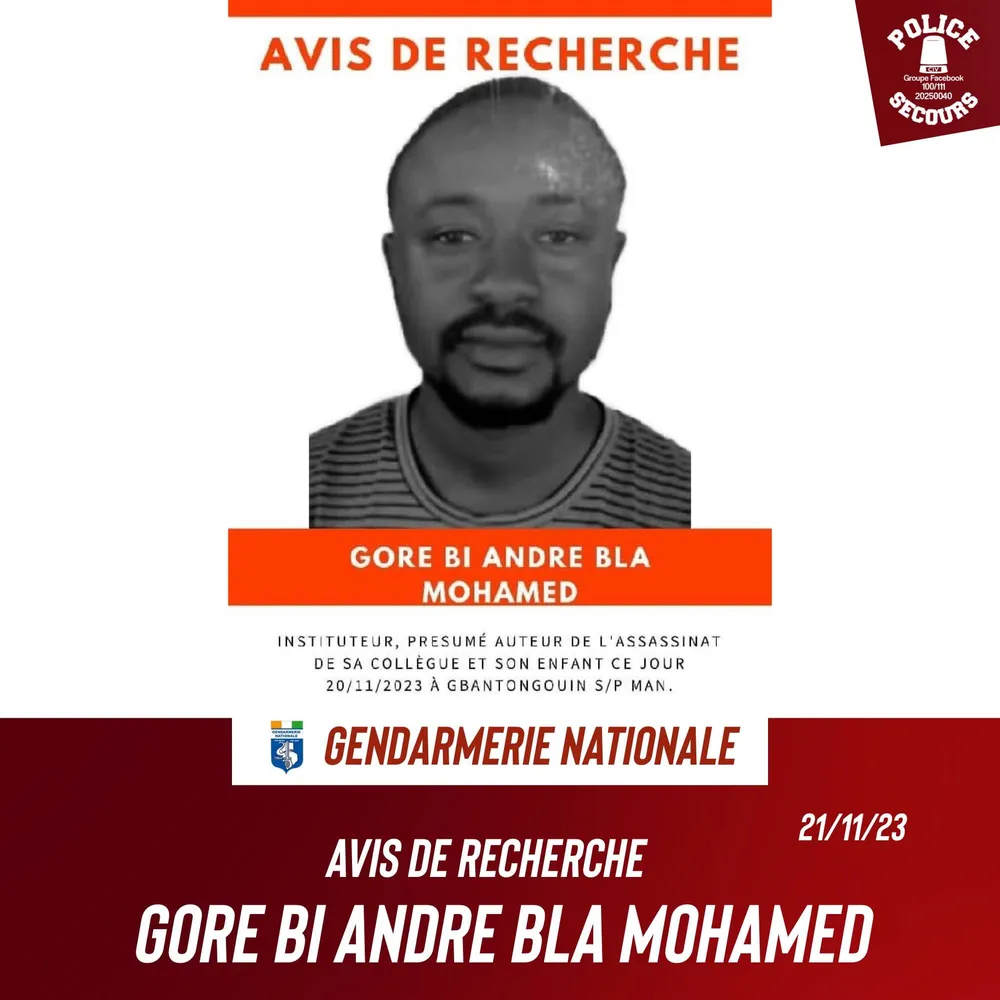Institutrice et son fils tués: la gendarmerie lance un avis de recherche contre Gore Bi André Bla Mohamed, un instituteur