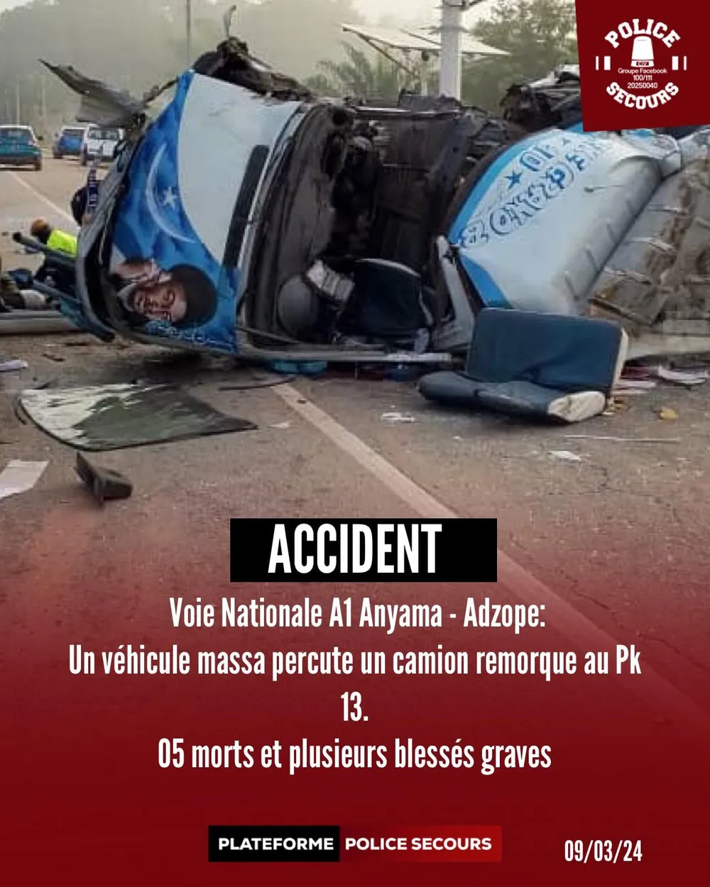 Grave accident sur la voie nationale A1 Anyama – Adzope ce samedi : 5 morts