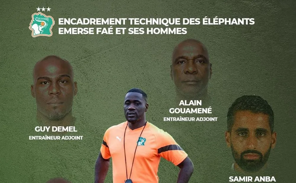 Emerse Faé et encadrement technique des Éléphants de Côte d'Ivoire