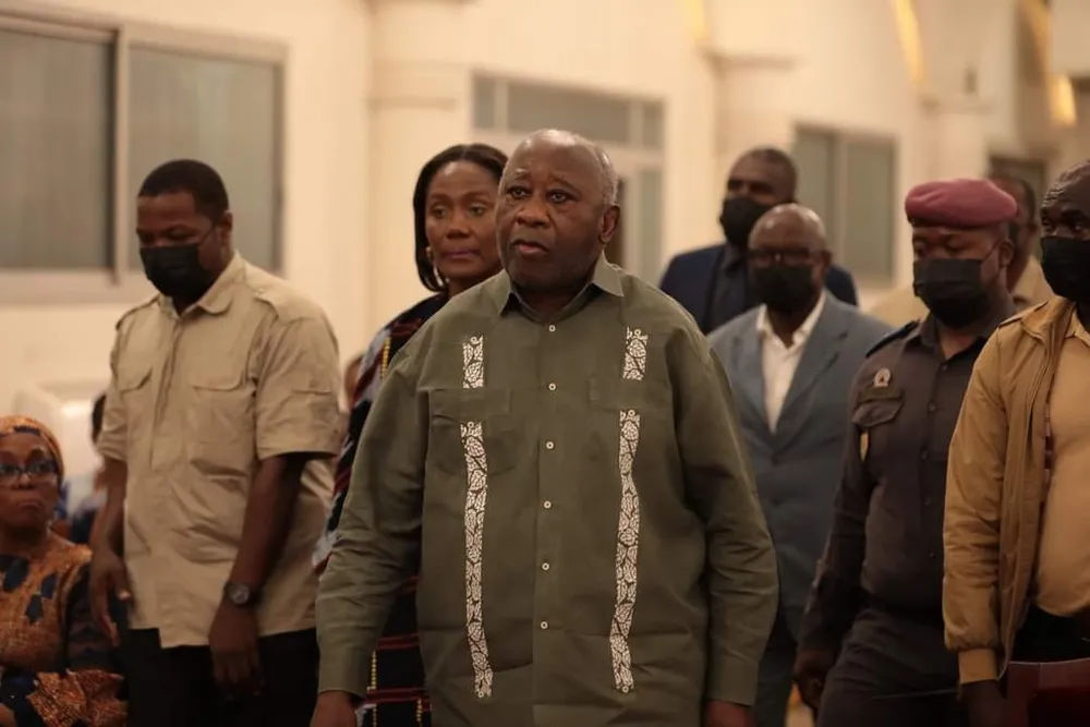 Laurent Gbagbo et son épouse Nady Bamba le 9 avril 2024 à IVOSEP lors de la veillée de prières d'Attié Assi Raymonde, mère de