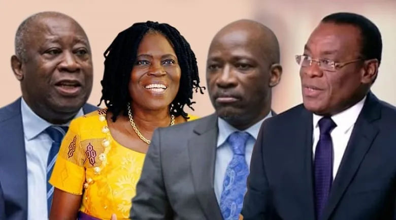 Laurent Gbagbo (président du PPA-CI), Simone Éhivet-Gbagbo (présidente du MGC), Charles Blé Goudé (président du COJEP) et Pas