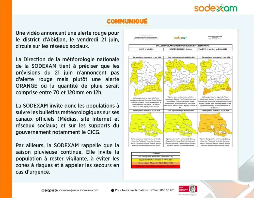 Communiqué SODEXAM, alerte orange pour Abidjan
