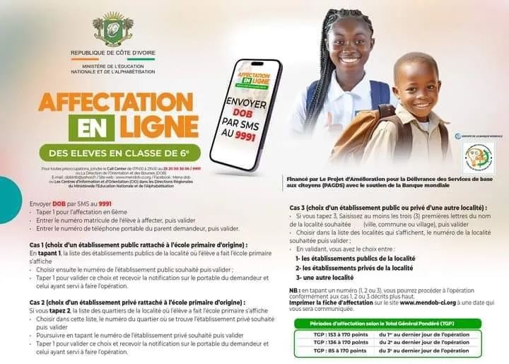 Opération d'affectation en ligne des élèves admis au CEPE en classe de 6ème