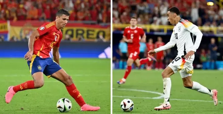 Rodri de l'Espagne et l'Allemand Jamal Musiala de l'Allemagne