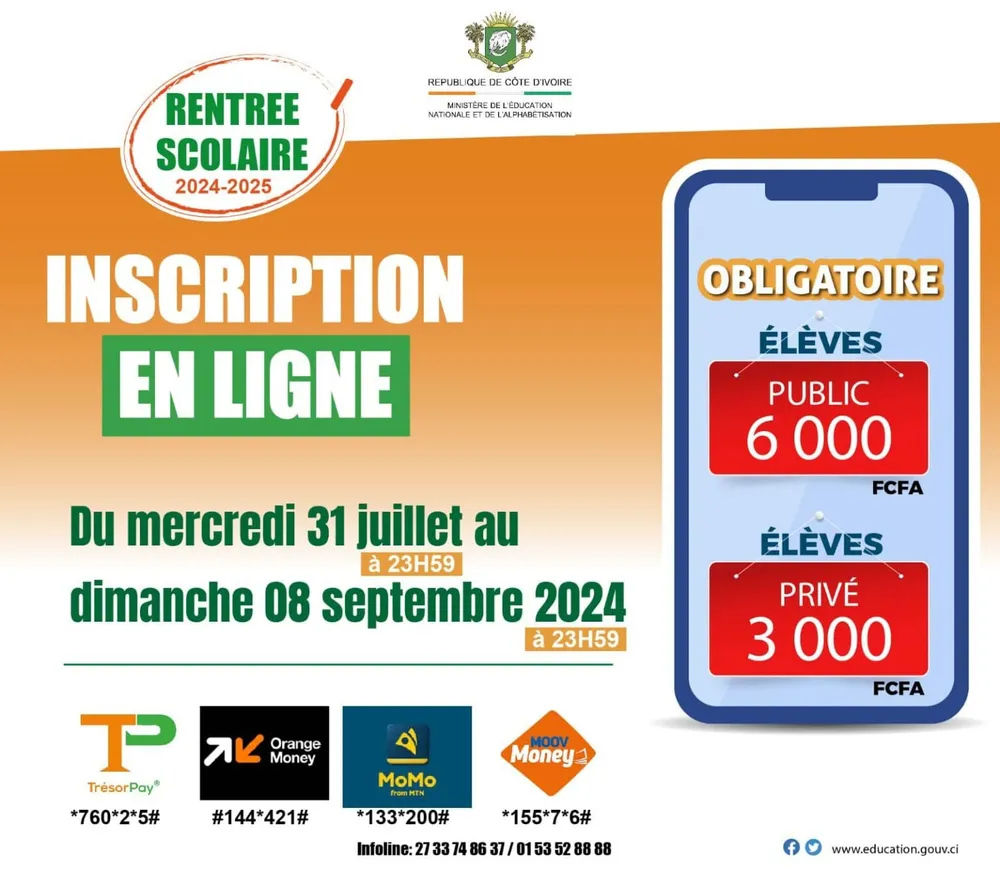 Inscriptions scolaires en ligne Côte d'Ivoire 2024-2025