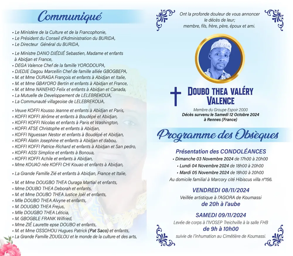 Programme des obsèques de Valéry d'Espoir 2000