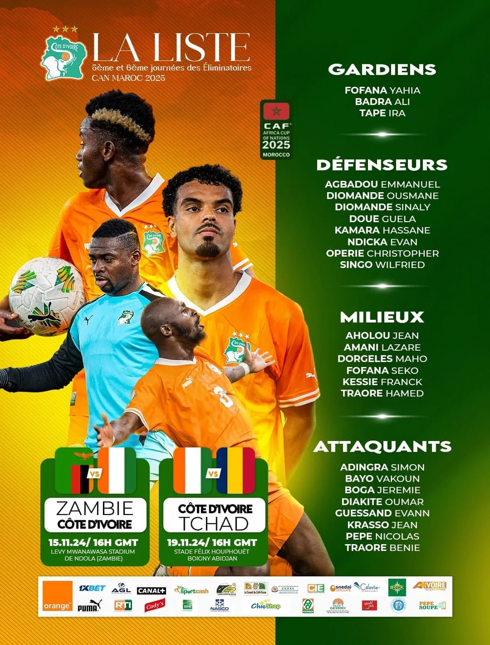Éléphants : Faé dévoile sa liste pour les derniers matchs qualificatifs CAN 2025, noms des 25 joueurs ivoiriens retenus