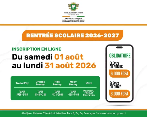 Rentrée scolaire 2026-2027 en Côte d'Ivoire : l'inscription en ligne ouverte jusqu'au 31 août