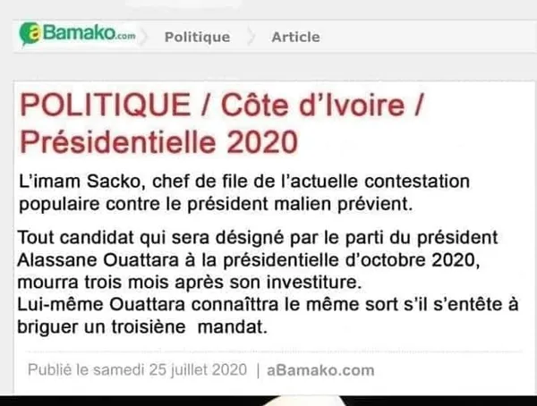 L’imam Sacko, chef de l’opposition au Mali prévient le RHDP de la mort de son candidat: c’est un fake news, abamako n’a jamais publié cet article