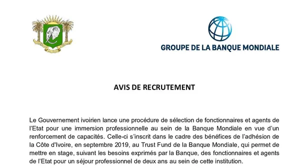 Recrutements à la Banque Mondiale: le Gouvernement ivoirien lance une sélection, voici les conditions