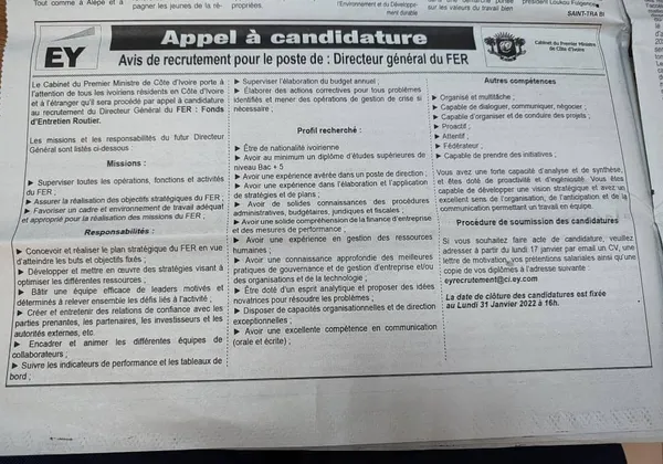 Côte d’Ivoire : Patrick Achi lance un appel à candidature pour le recrutement du DG du FER, les conditions