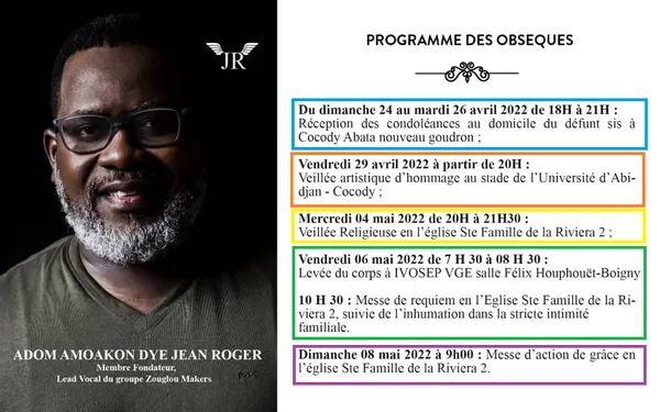 Programme des obsèques de Jean Roger Adom de zouglou Makers