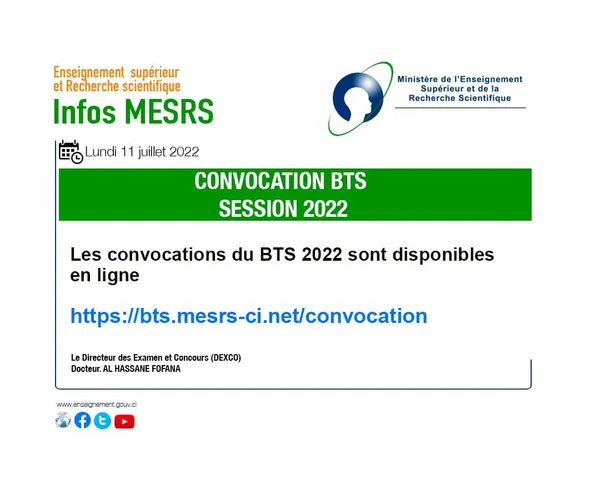 Convocations BTS 2022 en Côte d’Ivoire disponibles: cliquez sur bts.mesrs-ci.net/convocation pour retirer