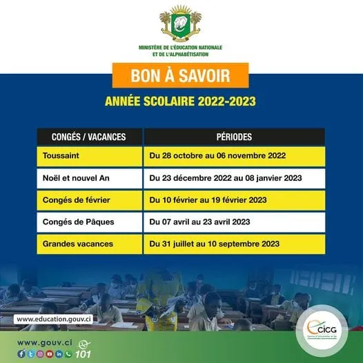 Année scolaire 2022-2023 en Côte d’Ivoire: dates de congés, ce qu’il faut savoir