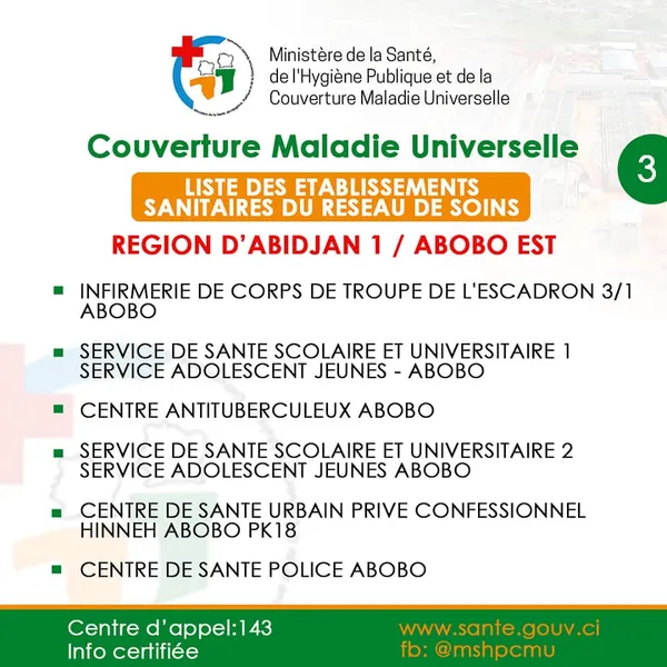Voici les établissements sanitaires du réseau de soins CMU d’Abobo
