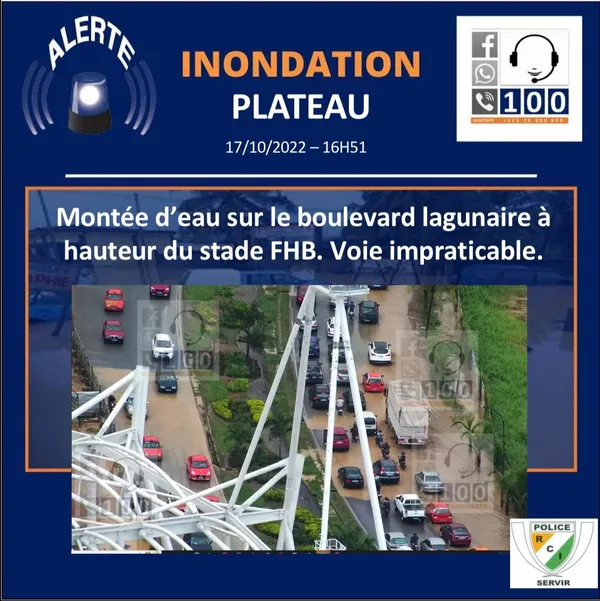 Inondation au Plateau ce lundi 17 octobre 2022: montée d’eau sur le boulevard lagunaire à hauteur du stade FHB, voie impraticable