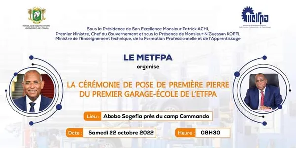 Enseignement Technique: Pose de la première pierre de Garage-Ecole à Abobo ce 22 octobre 2022