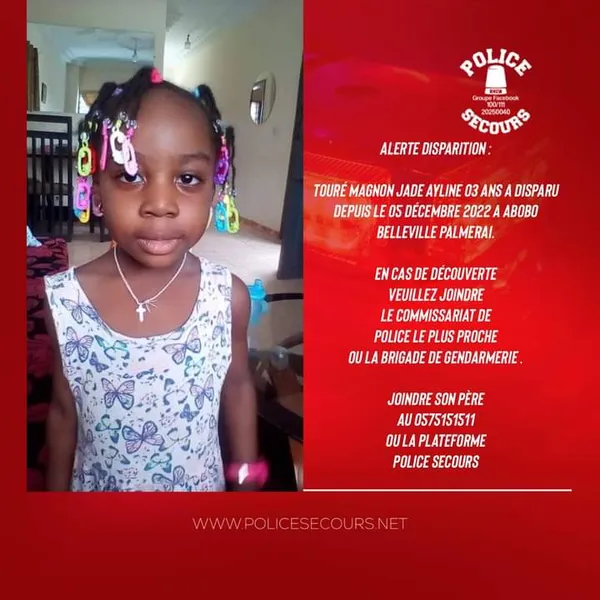 Alerte disparition : Touré Magnon Jade Ayline a disparu depuis le 5 décembre 2022