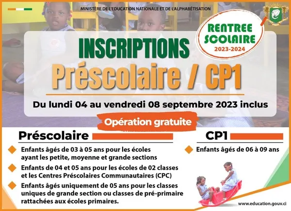 Côte d’Ivoire: début des inscriptions à la Maternelle et au CP1 ce lundi 4 septembre