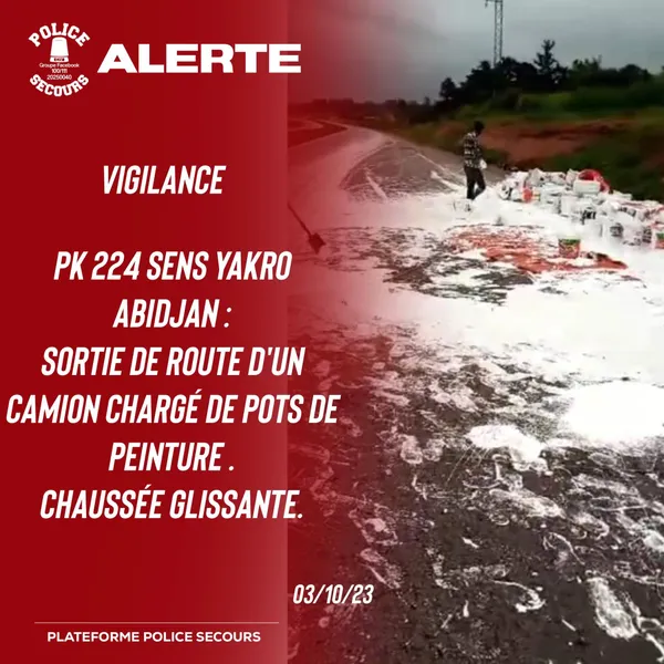 Accident sens Yamoussoukro – Abidjan : un camion chargé de pots de peinture se renverse sur la voie ce mardi