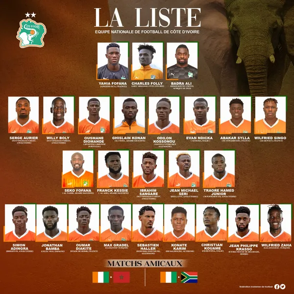 Matchs amicaux : la liste des Eléphants Côte d’Ivoire sélectionnés contre le Maroc et l’Afrique du Sud