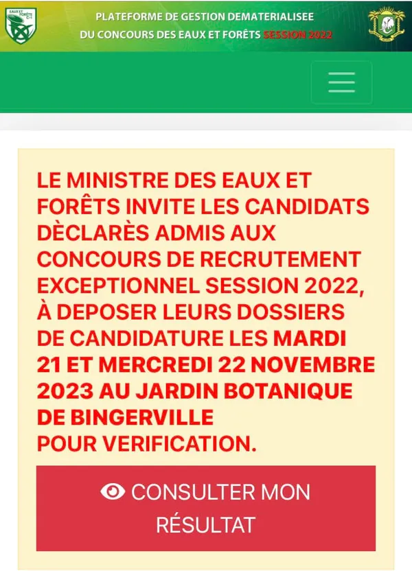 Résultats définitifs du concours eaux et forêts 2023 CI disponibles ce dimanche : 1000 candidats admis, la liste