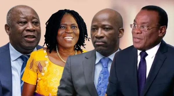 Laurent Gbagbo (président du PPA-CI), Simone Éhivet-Gbagbo (présidente du MGC), Charles Blé Goudé (président du COJEP) et Pas