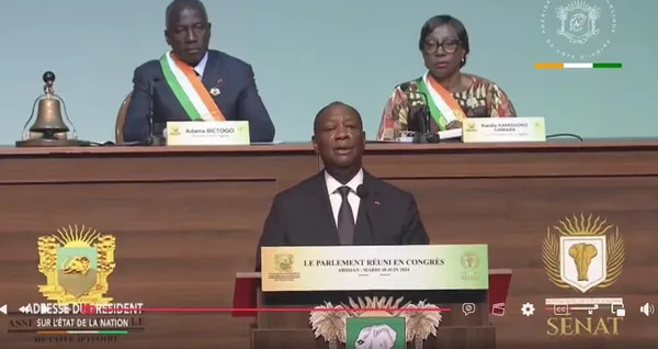 Alassane Ouattara, président de la Côte d'Ivoire le 18 juin 2024 lors de son discours sur l'état de nation devant le Congrès