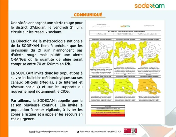 Communiqué SODEXAM, alerte orange pour Abidjan