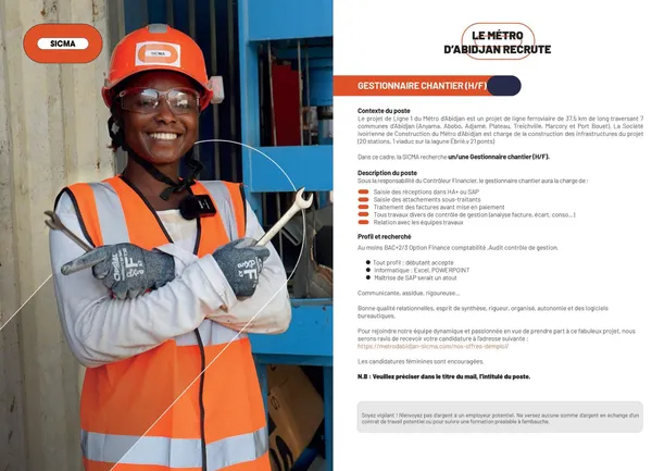 Métro d’Abidjan : Recrutement gestionnaire chantier, postez dès maintenant
