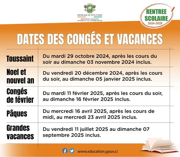 Congés scolaires en Côte d'Ivoire 2024-2025