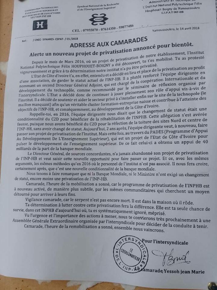 Le document de l'intersyndicale de l'INP-HB