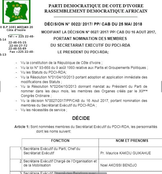 Décision de nomination de Bédié