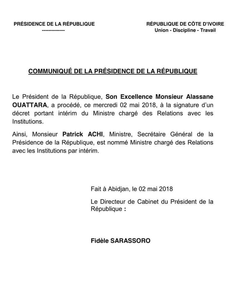 Patrick Achi nommé ministre chargé des Relations avec les institutions, par intérim